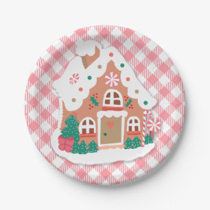 Cute Festive Snowy Pink Gingerbread House Gingham Paper Plate