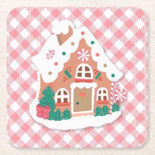 Cute Festive Snowy Pink Gingerbread House Gingham Square Paper Coaster