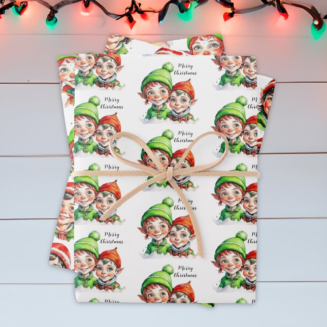 Cute Festive Vintage Elves Christmas Wrapping Paper Sheet (Creator Uploaded)