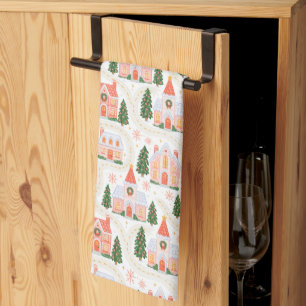Cute Festive Whimsical Christmas Village Pattern Tea Towel