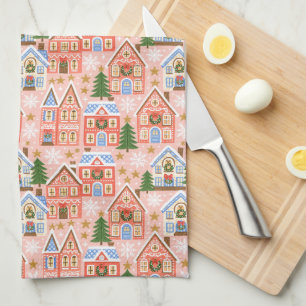 Cute Festive Whimsical Christmas Village Pattern Tea Towel