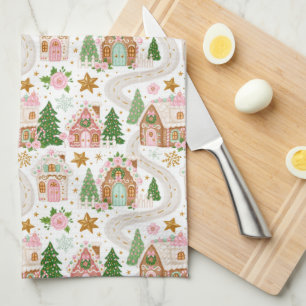 Cute Festive Whimsical Christmas Village Pattern Tea Towel
