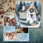 Cute Festive White Tiny Home Christmas Holiday Card<br><div class="desc">Personalised Christmas card. Cute little white festive tiny house on a snowy winter day decorated in cute Christmas garland,  wreaths and lights. Add your family photos to the back in the personalised area.</div>
