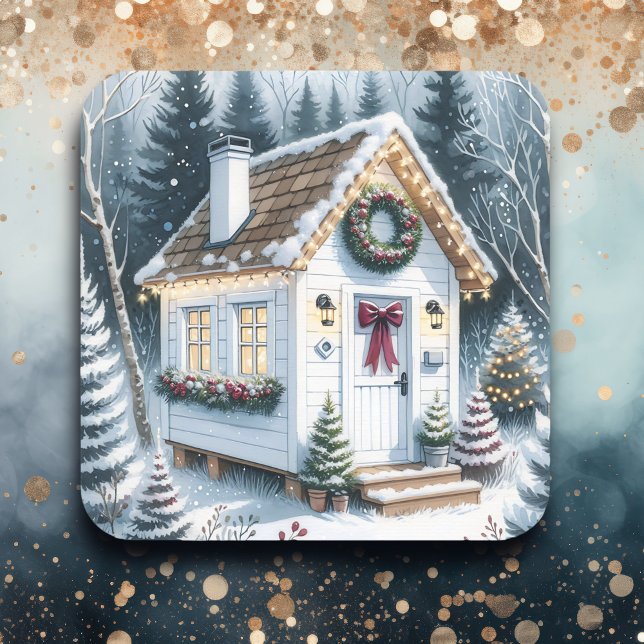 Cute Festive White Tiny Home Christmas Square Sticker (Creator Uploaded)
