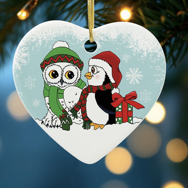 Cute Festive Winter Owl Penguin Christmas Friends Ceramic Tree Decoration (Creator Uploaded)