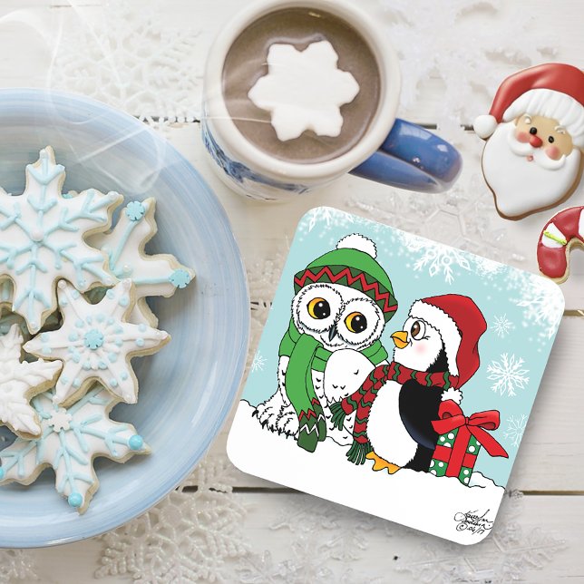 Cute Festive Winter Owl Penguin Christmas Friends Coaster (Creator Uploaded)