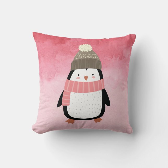 Cute Festive Winter Penguin Cushion (Front)