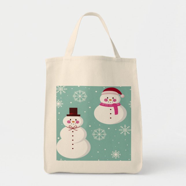 Cute Festive Winter Pink Frosty Snowman Tote Bag (Front)