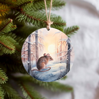 Cute Field Mouse in Snowy Woodland Winter Scene Ceramic Tree Decoration