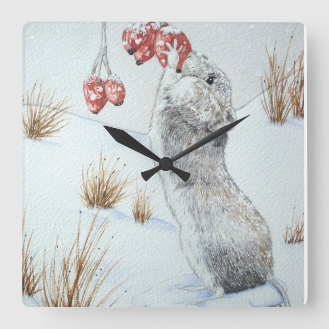 Cute field mouse snow scene wildlife square wall clock (Front)