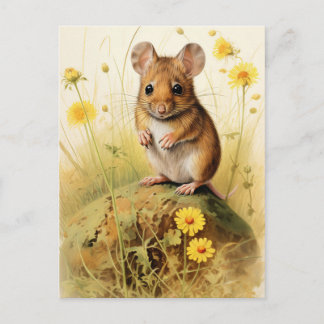 Cute Field Mouse with Yellow Flowers Postcard