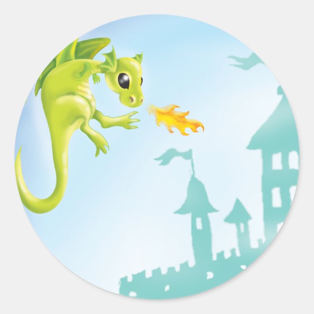 cute fiery dragon and castle scene classic round sticker (Front)