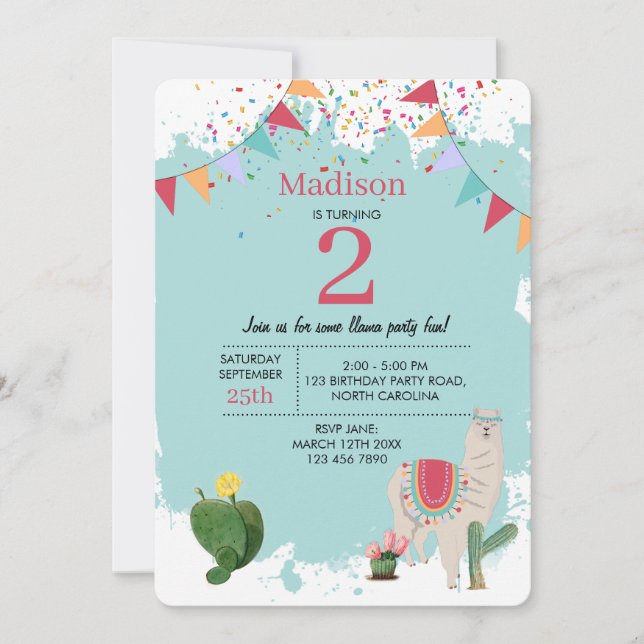Cute Fiesta Llama & Cactus Children's Birthday Invitation (Front)
