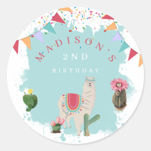 Cute Fiesta Llama & Cactus Kids Birthday Classic Round Sticker