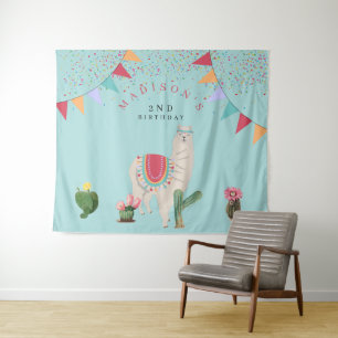 Cute Fiesta Llama & Cactus Kids Birthday Tapestry