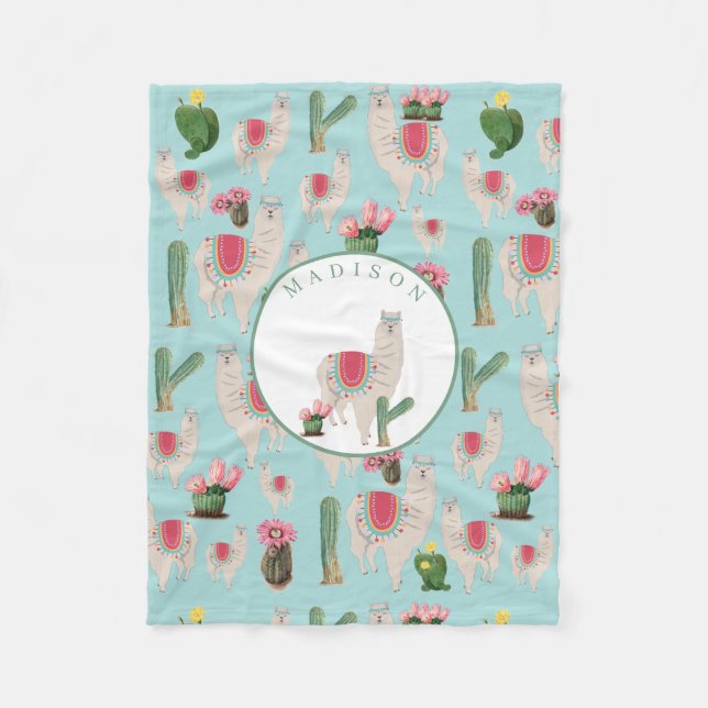 Cute Fiesta Llama & Cactus Pattern Fleece Blanket (Front)
