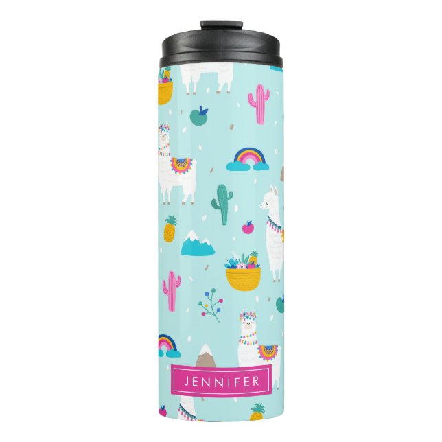 Cute Fiesta Llamas with Rainbows Personalised Thermal Tumbler (Front)