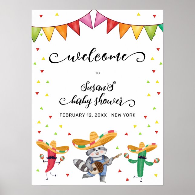 Cute Fiesta Taco Cactus Animal Baby Shower Welcome Poster (Front)