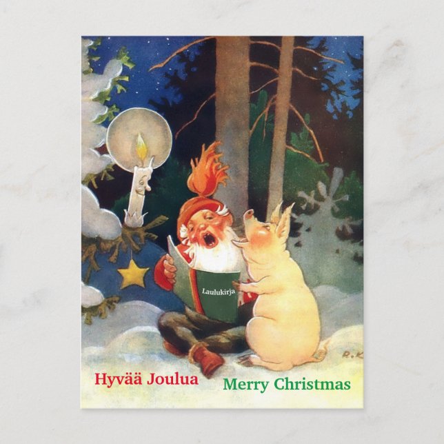 Cute Finnish Tomte or Haltija Gnome & Pig Singing Postcard (Front)