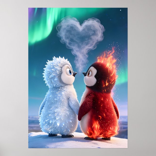 Cute Fire and Ice Penguin Northern Lights Poster (Front)