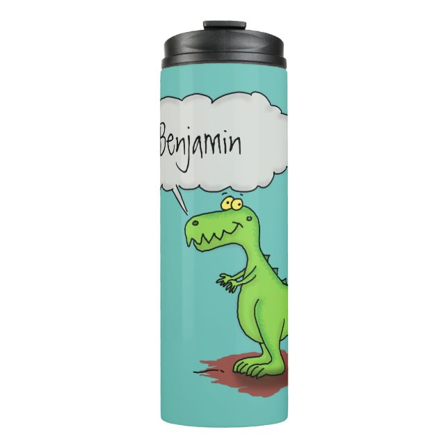 Cute fire breathing green funny dragon cartoon thermal tumbler (Front)