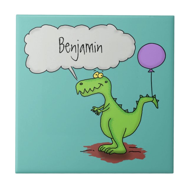 Cute fire breathing green funny dragon cartoon tile (Front)