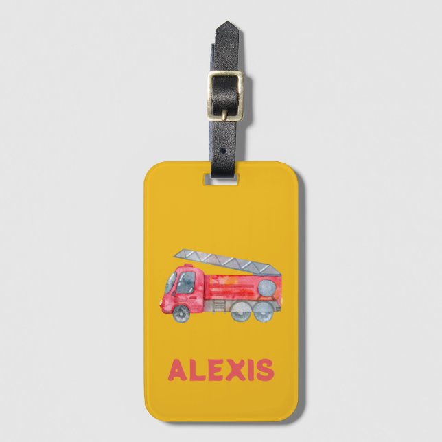 Cute Fire Engine Monogram Personalized Kids Luggage Tag (Front Vertical)