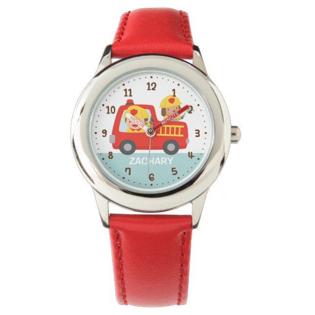 Cute Fire fighter Boy in Red Fire Truck For Kids Watch (Front)