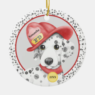 Cute Fire Fighter Dalmatian Puppy Personalised Ceramic Tree Decoration