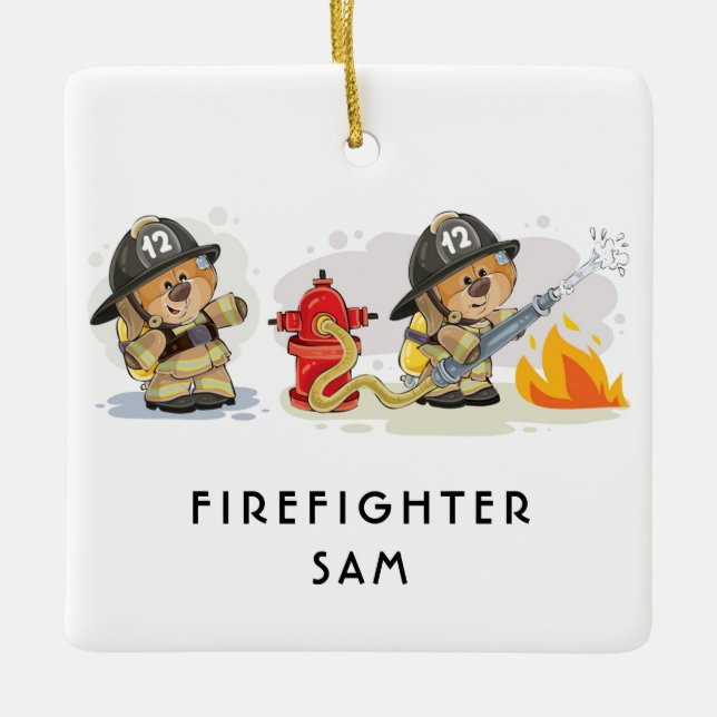 Cute Fire Fighting Bears Personalized Text Ceramic Ornament (Front)