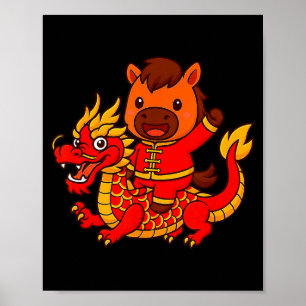 Cute Fire Horse Riding Chinese Dragon Lunar New Ye Poster