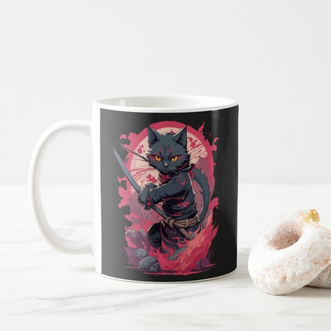 Cute Fire Splash Black Ninja Cat Warrior Coffee Mug (With Donut)