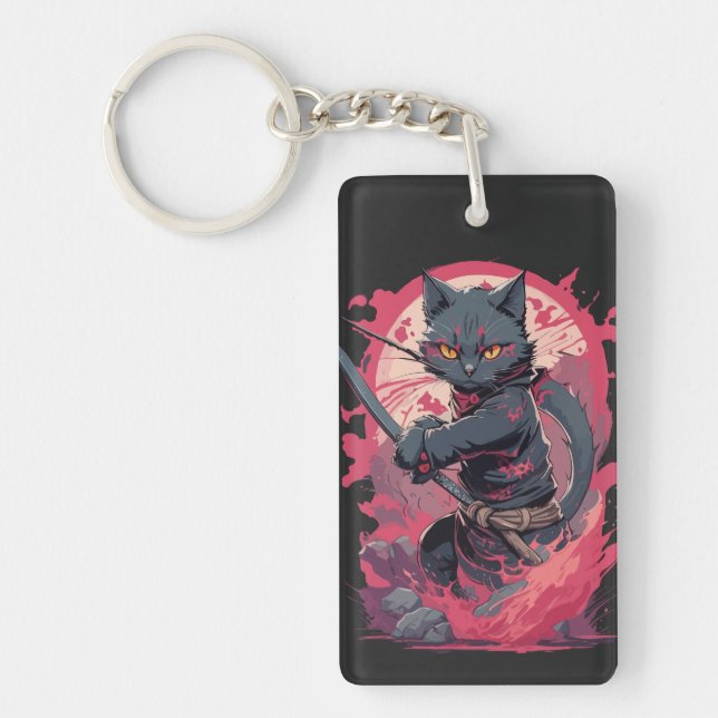 Cute Fire Splash Black Ninja Cat Warrior Key Ring (Front)