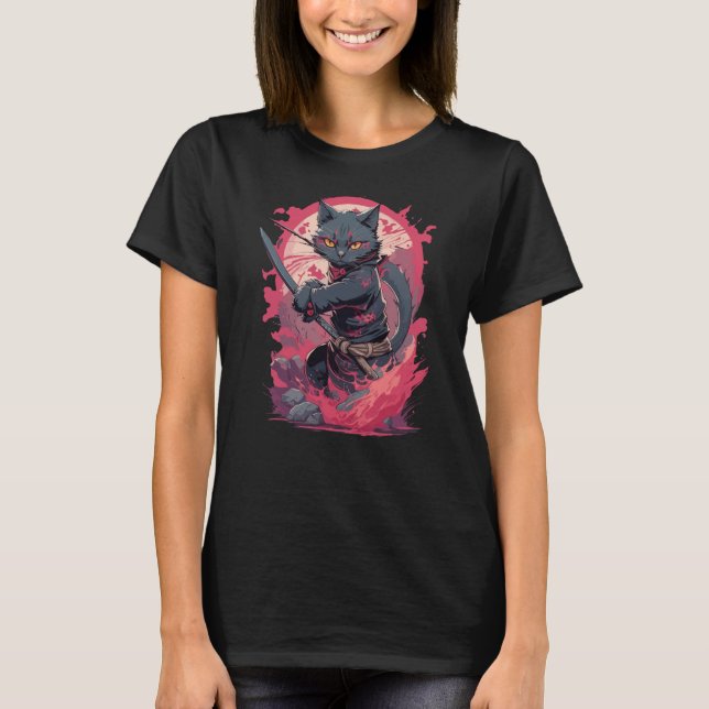 Cute Fire Splash Black Ninja Cat Warrior T-Shirt (Front)