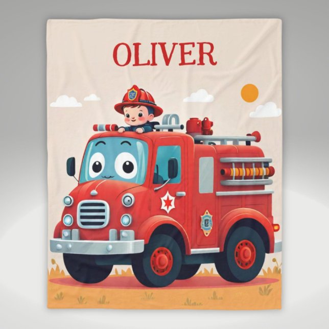 Cute Fire Truck and Firefighter Boy Fleece Blanket (Creator Uploaded)