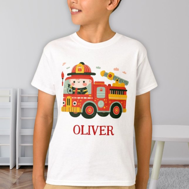 Cute Fire Truck and Fireman Personalised T-Shirt (Creator Uploaded)