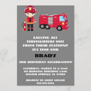 Cute Fire Truck Engine Birthday Party Invitation