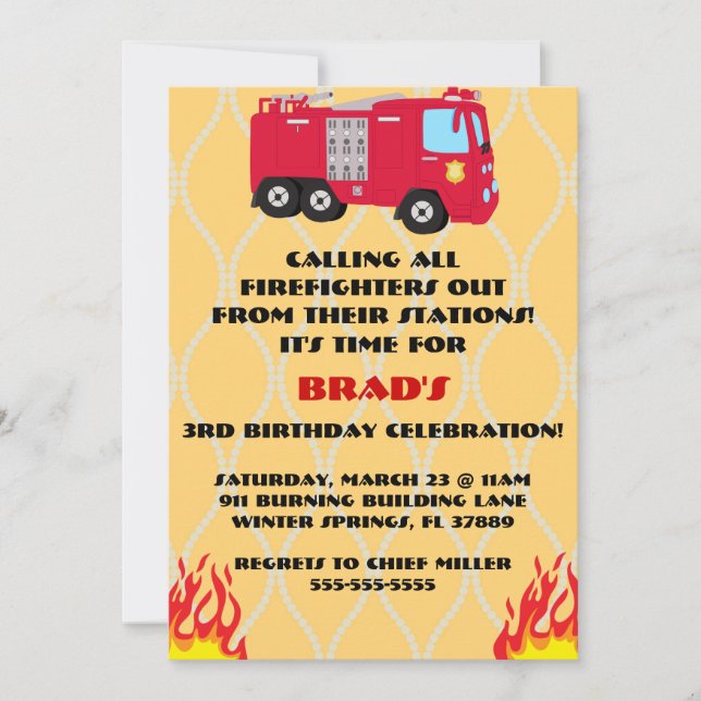 Cute Fire Truck Engine Birthday Party Invitation (Front)