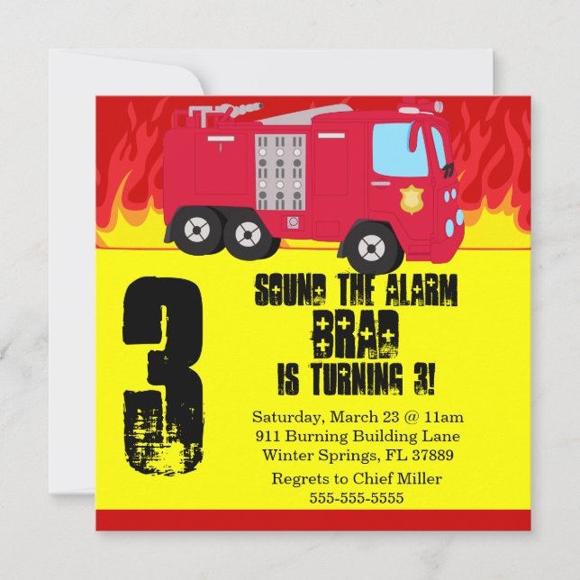 Cute Fire Truck Engine Birthday Party Invitation (Front)