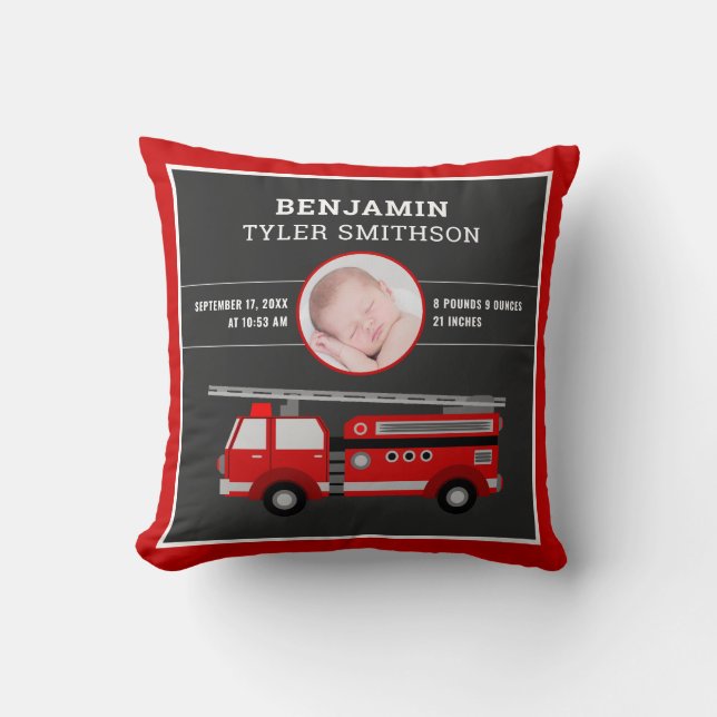 Cute Fire Truck Firefighter Baby Photo Birth Stats Cushion (Front)
