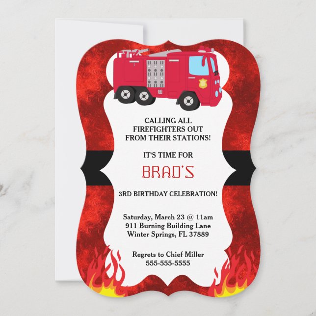 Cute Fire Truck Firefighter Birthday Invitation (Front)