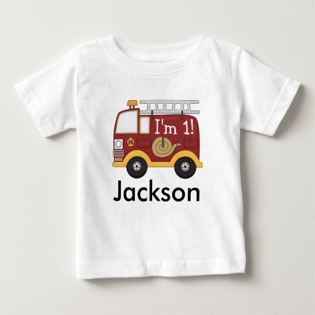 Cute Fire Truck Kids Birthday Personalised Baby T-Shirt (Front)