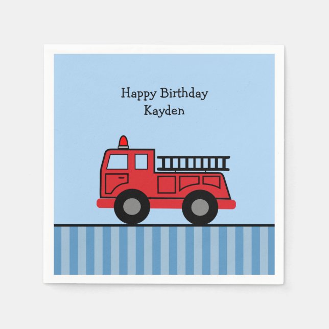 Cute Fire Truck Personalised Birthday Napkin (Front)