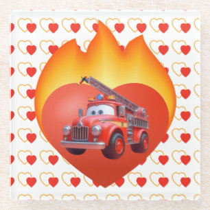 Cute fire truck Valentine's day Glass Coaster