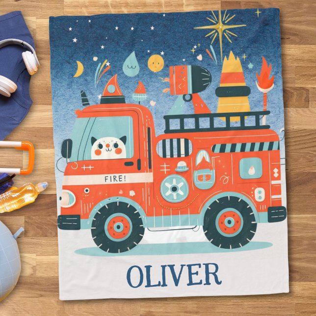 Cute Fire Truck With a Cat at Night Fleece Blanket (Creator Uploaded)
