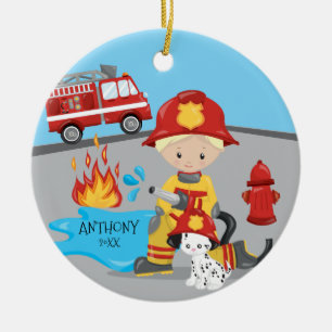 Cute Firefighter Blonde Boy Christmas Ceramic Tree Decoration
