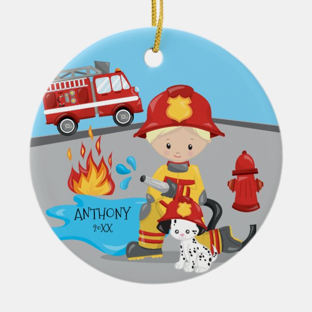 Cute Firefighter Blonde Boy Christmas Ceramic Tree Decoration (Front)