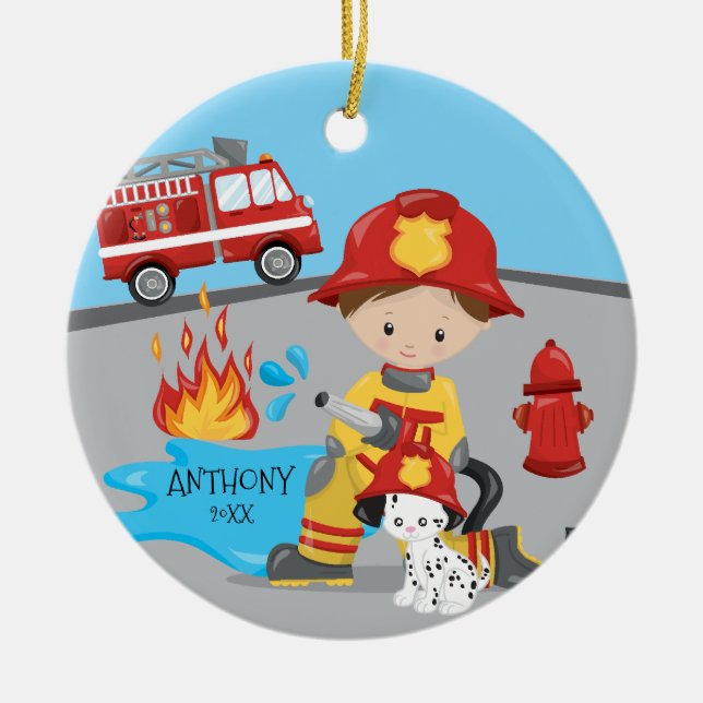 Cute Firefighter Brunette Boy Christmas Ceramic Tree Decoration (Front)
