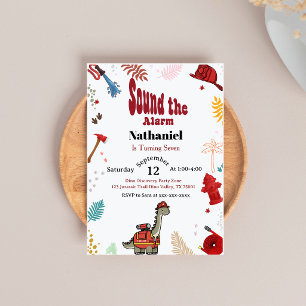 Cute Firefighter Dinosaur roar and rescue Birthday Invitation
