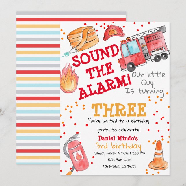 Cute firefighter, firetruck kid birthday invite (Front/Back)